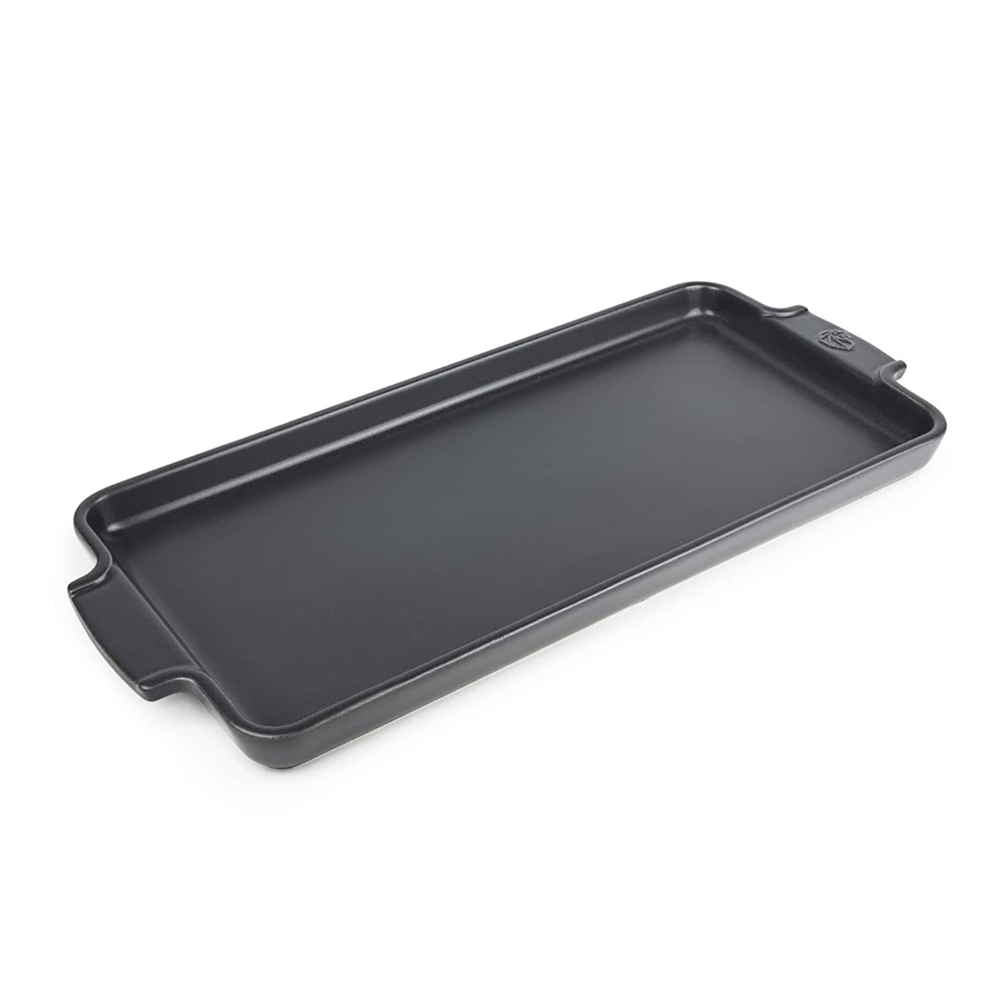 A dark grey ceramic appetizer platter on a white background.
