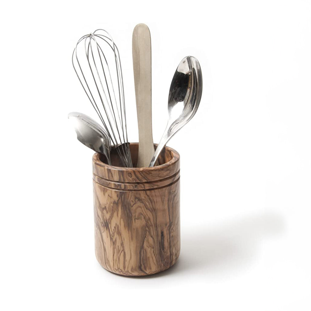 Berard Olive Wood Utensil Holder with an arrangement of kitchen utensils inside.
