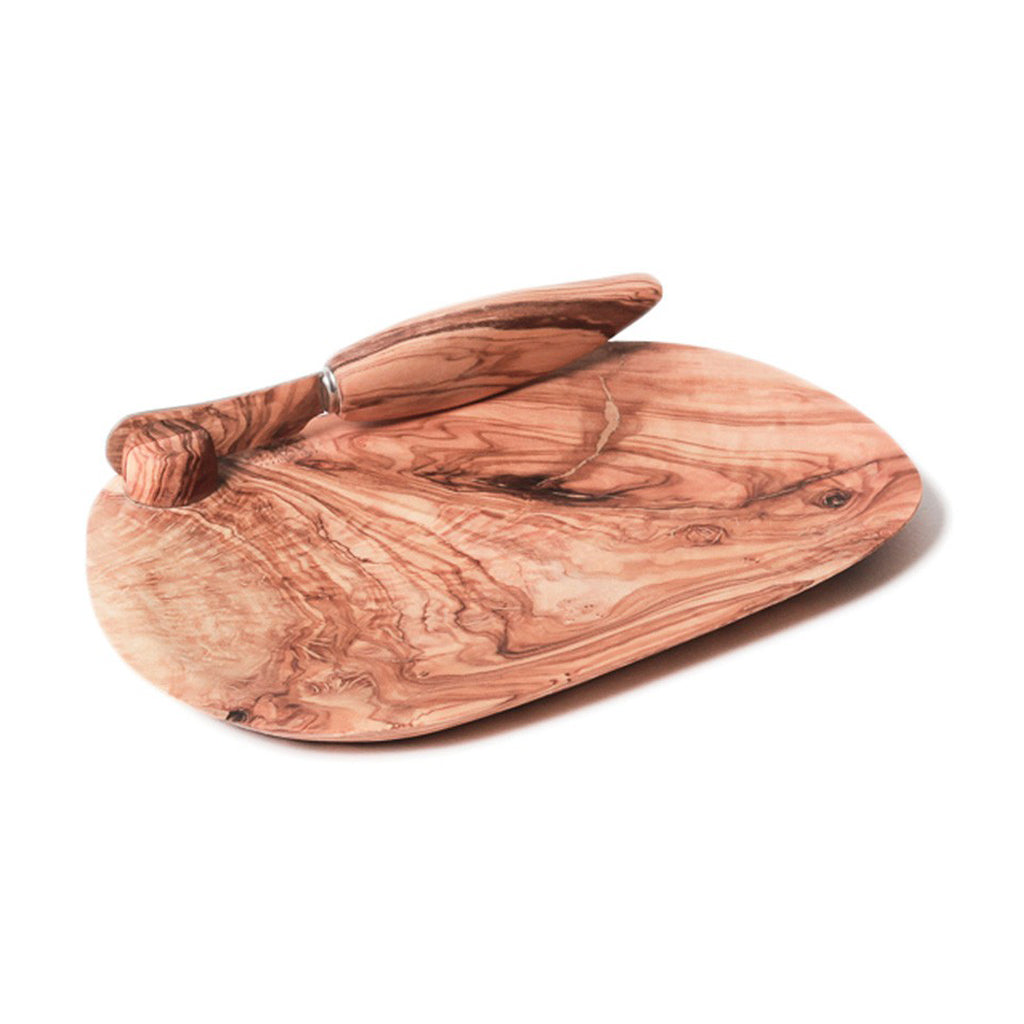 Berard France Olive Wood Butter Dish with Butter Knife on a white background.