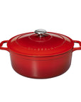 Chasseur France Cast Iron Round Casserole Dish with lid in red on a white background.