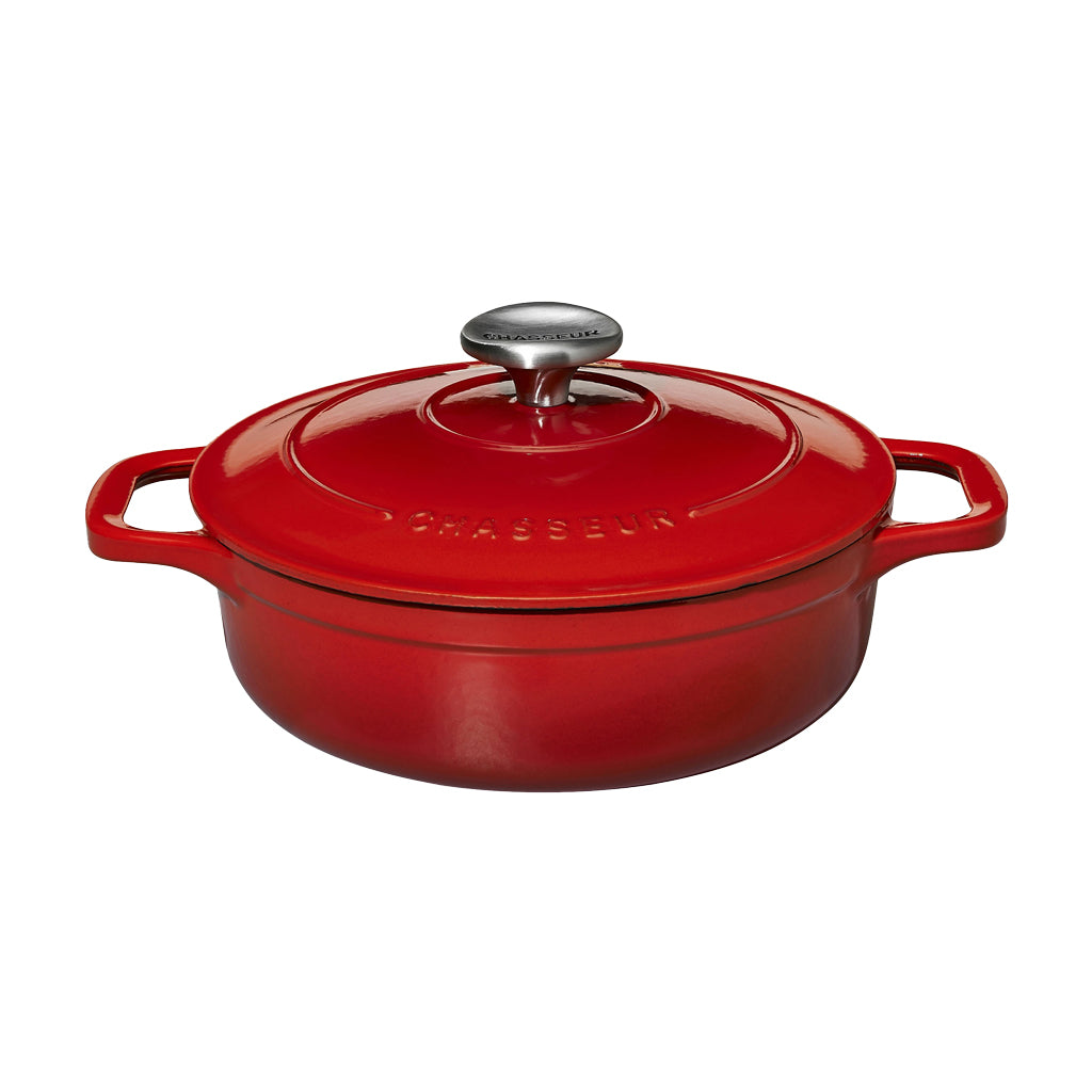 1.8QT Chasseur Cast Iron Serving Casserole Dish with lid in ruby red on a white background.