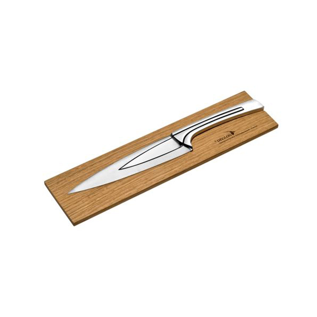 3-Piece Delgon Meeting Puzzle Knife with an oak base on a white background.