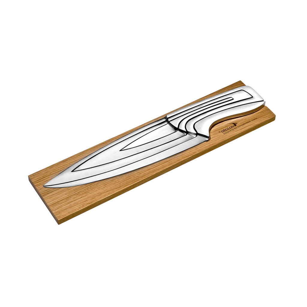 Delgon Meeting Puzzle Knife with an oak base on a white background.