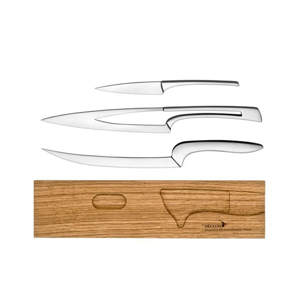 4-Piece Delgon Meeting Puzzle Knife with an oak base on a white background.