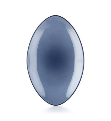 eRevol 13.75 inch oval serving dish; made of porcelain and glazed in glossy variations of blue.